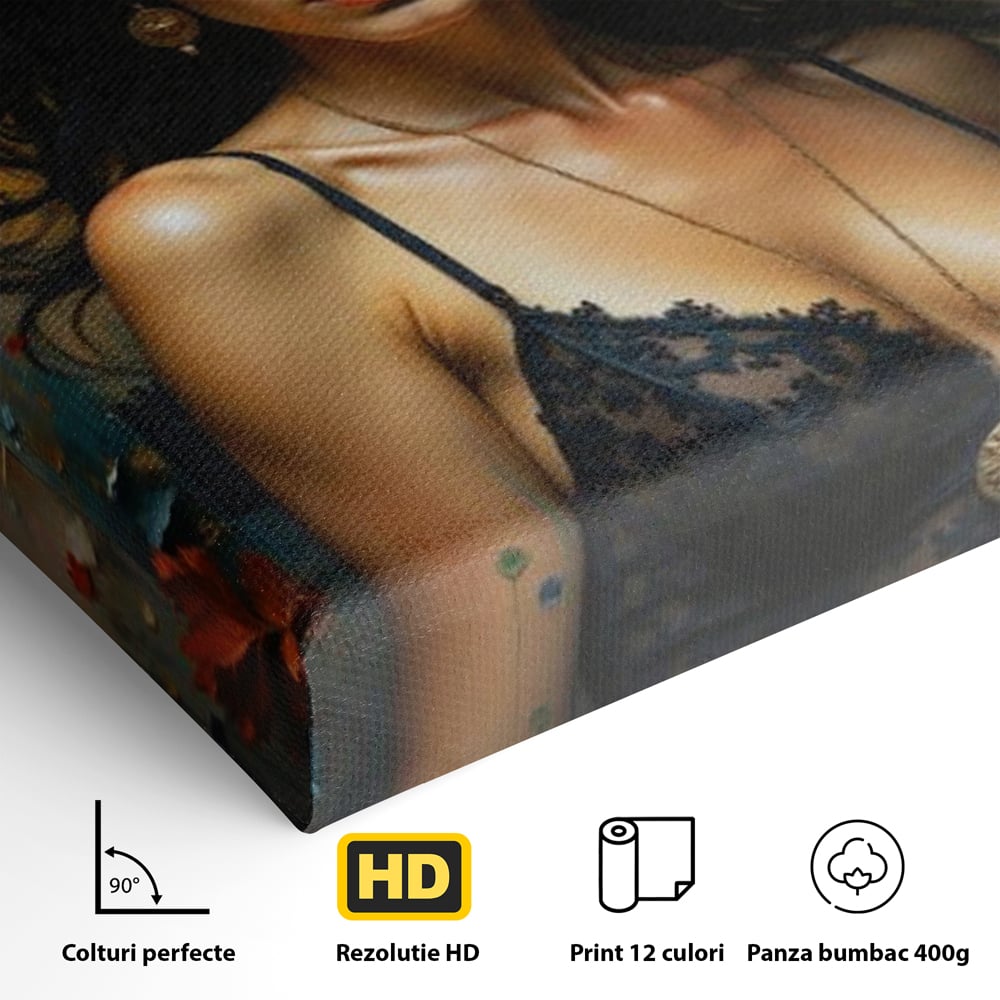 Detaliu al suprafetei: tablou canvas cu portret de femeie par negru fluturi si frunze, fara rama, pe sasiu de lemn